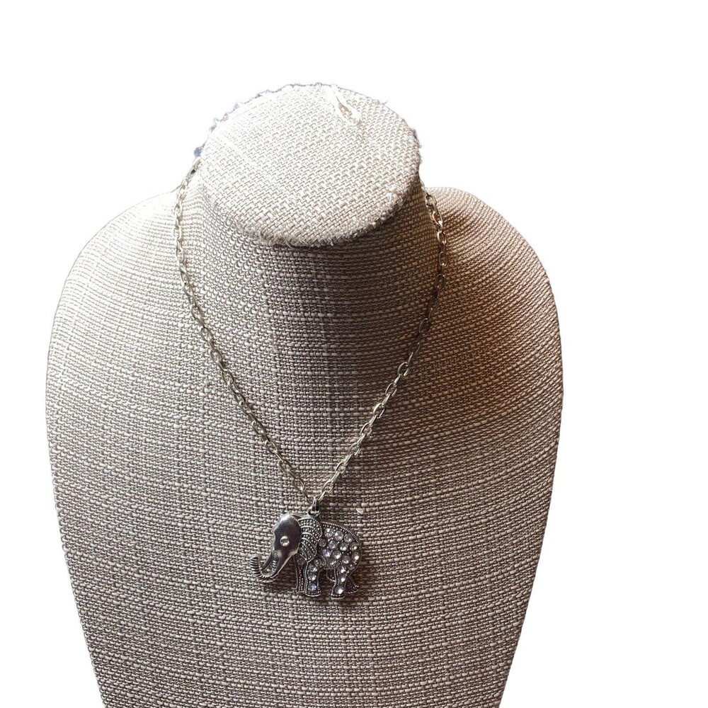 Silver Tone Rhinestone Elephant Pendant Necklace